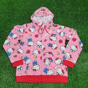 Hello-Kitty Sanrio Zip Hoodie Jacket Womens L/XL 21x27 Pink AOP Lightweight